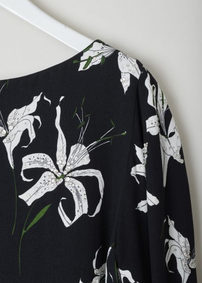 Dries van Noten Black midi dress with white floral print with rhinestones