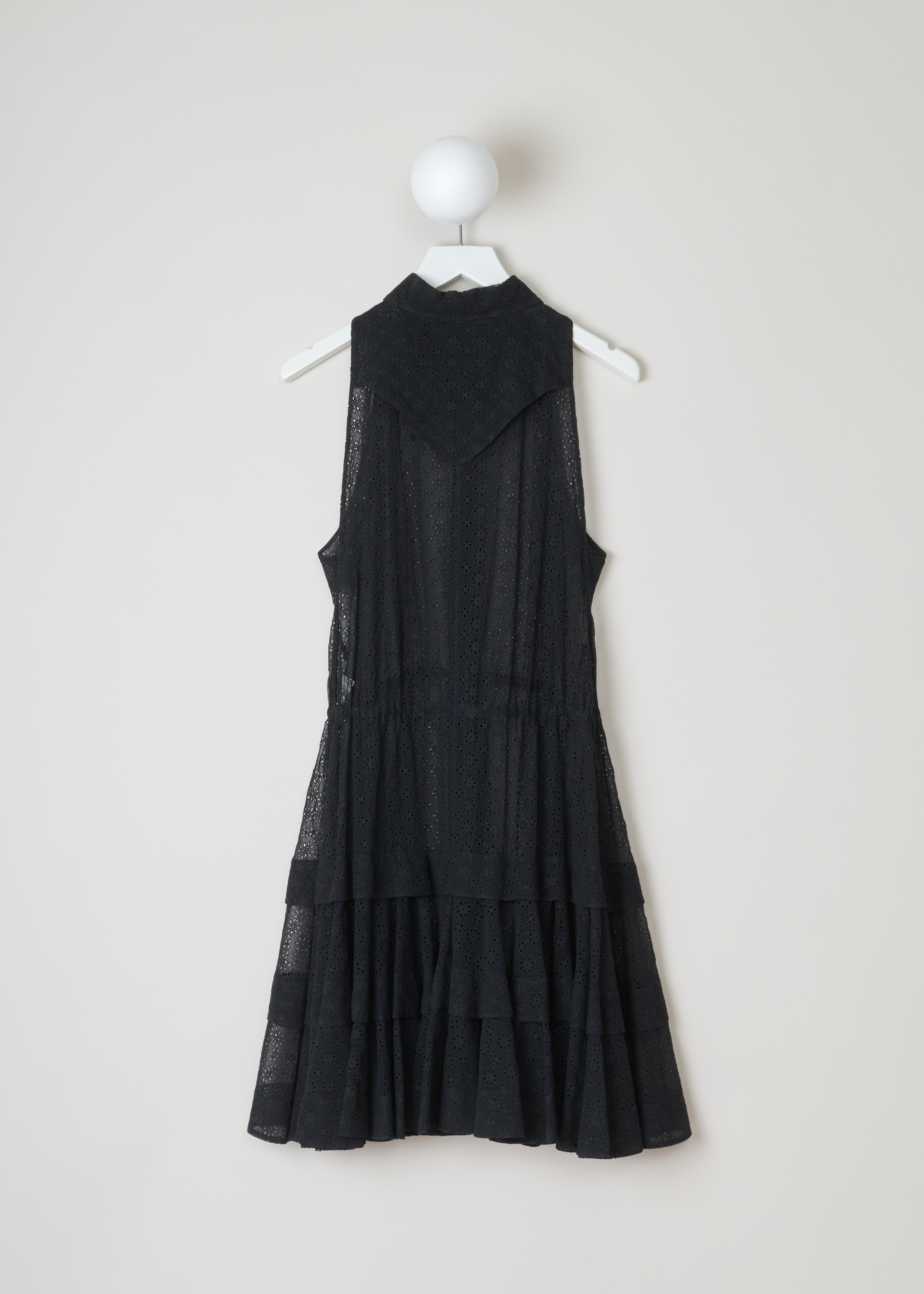 ALAÏA, Embroidered shirt dress, 10HPTBD4R296_robe_3_volants_099_noir, Black, Back, This slightly see-through shirt dress with an embroidered floral motive. This dress features a pointed collar on the front, a small capelet detail in the back. A cord tunnel on waist can be used to cinch in the waist. 
