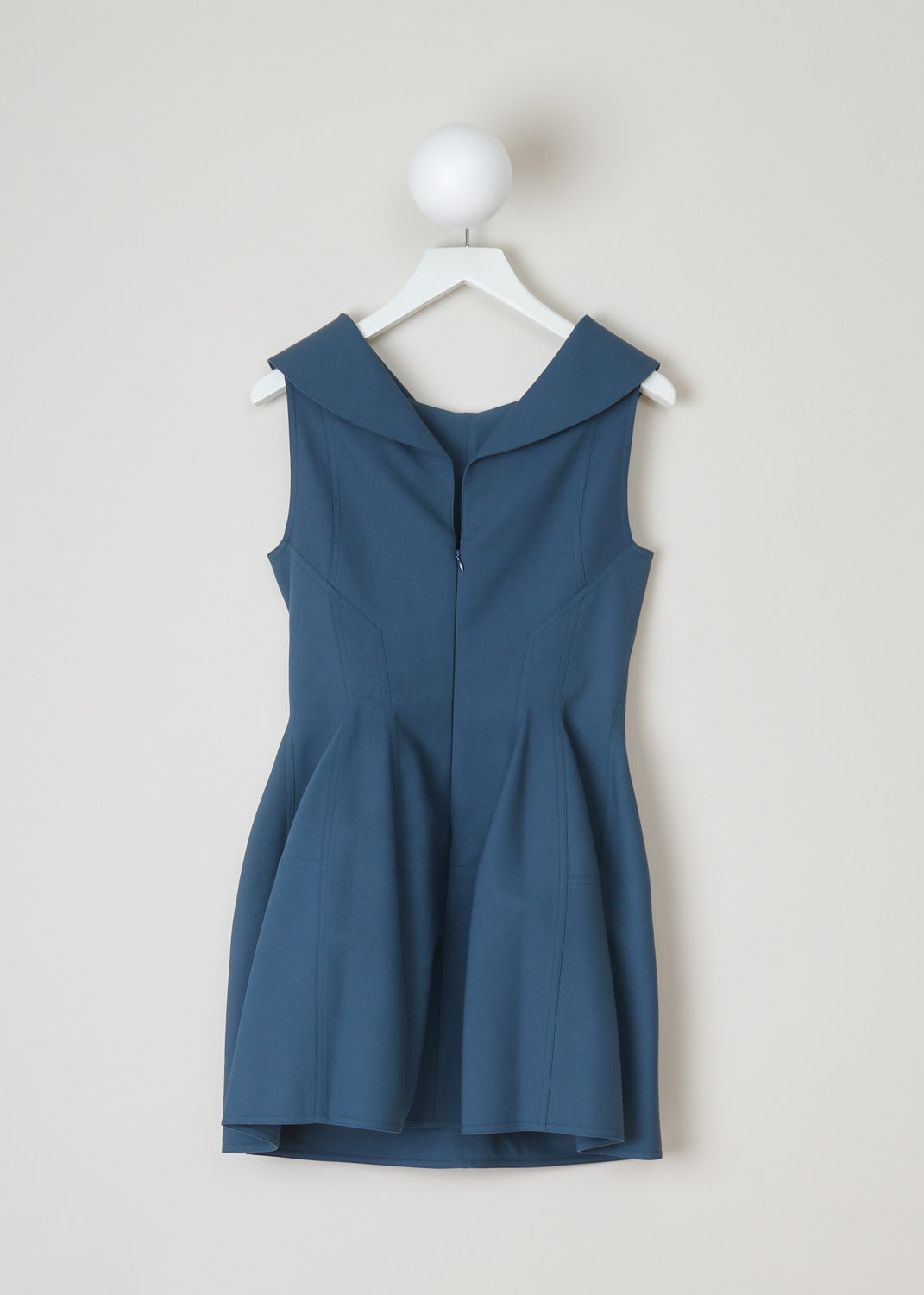ALAÏA, Blue sheath dress, 12IETNDR246_robe_nid_dabeille_double_0503_manganese, Blue, Back, Pique woven cotton dress, featuring inverted pleats on the front and back. The dress has a concealed zipper with a metal clip on the back. The length of this model sits just above the knee. 
