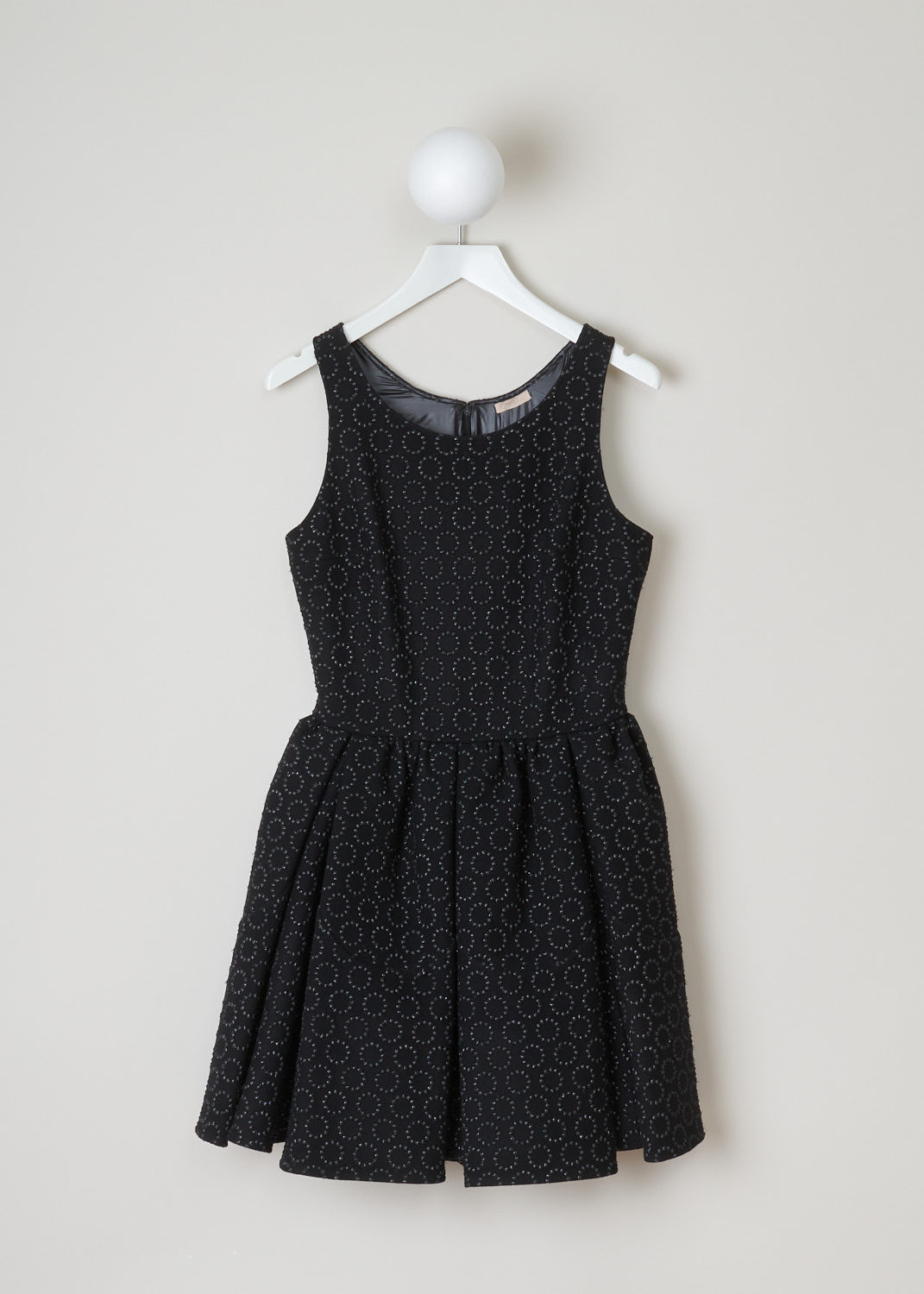 Ala�a, Black circular beaded empire dress, 3W9R251CT106_robe_drap_fin_brode_grenada_C997, Black, Front, This sleeveless circle pattern princess dress has a round neckline and a fit-and-flare silhouette. A concealed zipper on the back functions as the closure.
