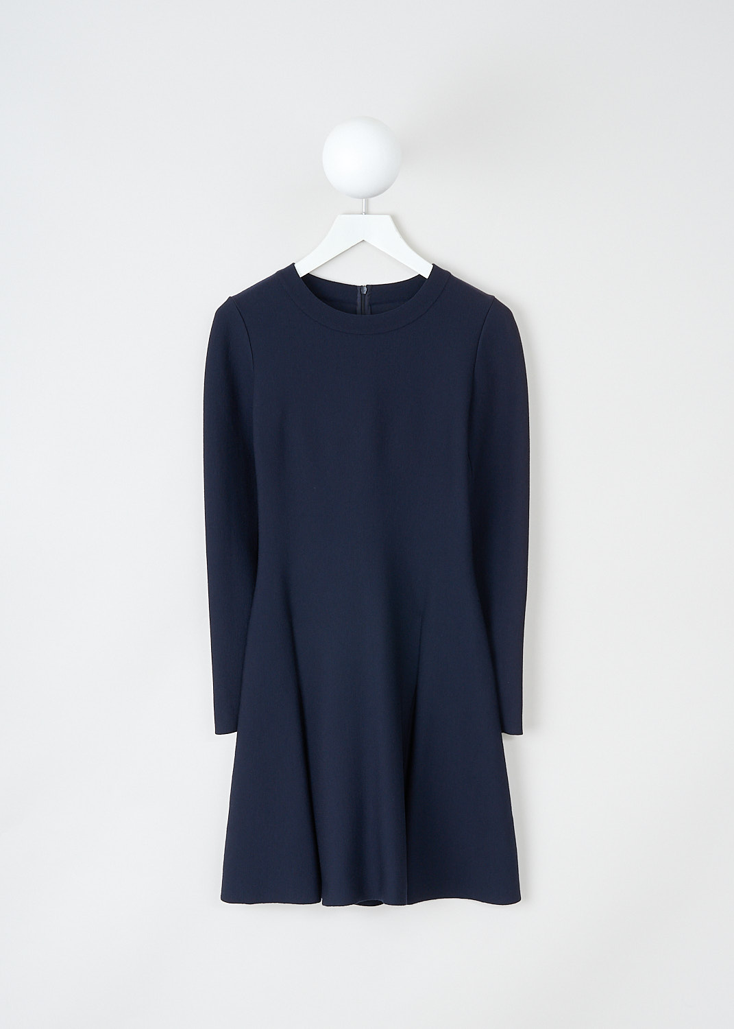Alaïa, Navy blue A-line mini dress, 7H9RJ11CM366_C540_NUIT, Blue, Front, This navy blue mini dress has a round neckline and long sleeves. The dress has a fitted bodice and a flared A-line skirt with two box pleats in the front. In the back, a concealed centre zip functions as the closure.


