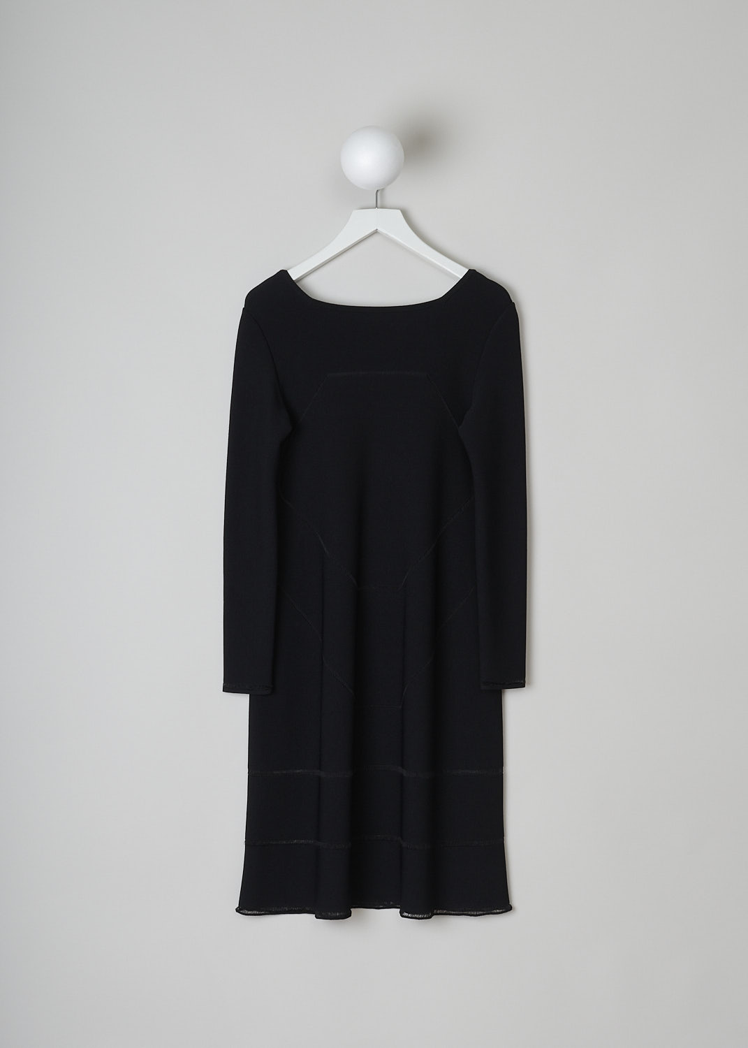 ALAÏA, BLACK DRESS WITH GEOMETRIC OPENWORK TRIMS, 7S9RH11LM298_GUARANI_C999, Black, Back, This structured black dress has a square neckline and long sleeves. Intricate openwork trims decorate the front and back as well as the cuffs and hemline. 
  
