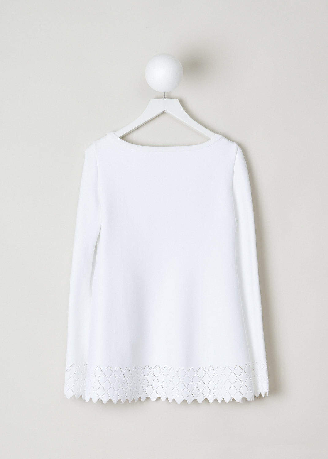 Alaïa, White A-line top with diamond detailing, 8S9UE80LM381_C000, White, Back, White A-line top with a boat neckline. The heavy duty fabric feels sturdy but also stretchy. The cuffs of the long sleeves are adorned with a diamond see-through laser cut hemline. That same hemline can be found across the bottom of the top.