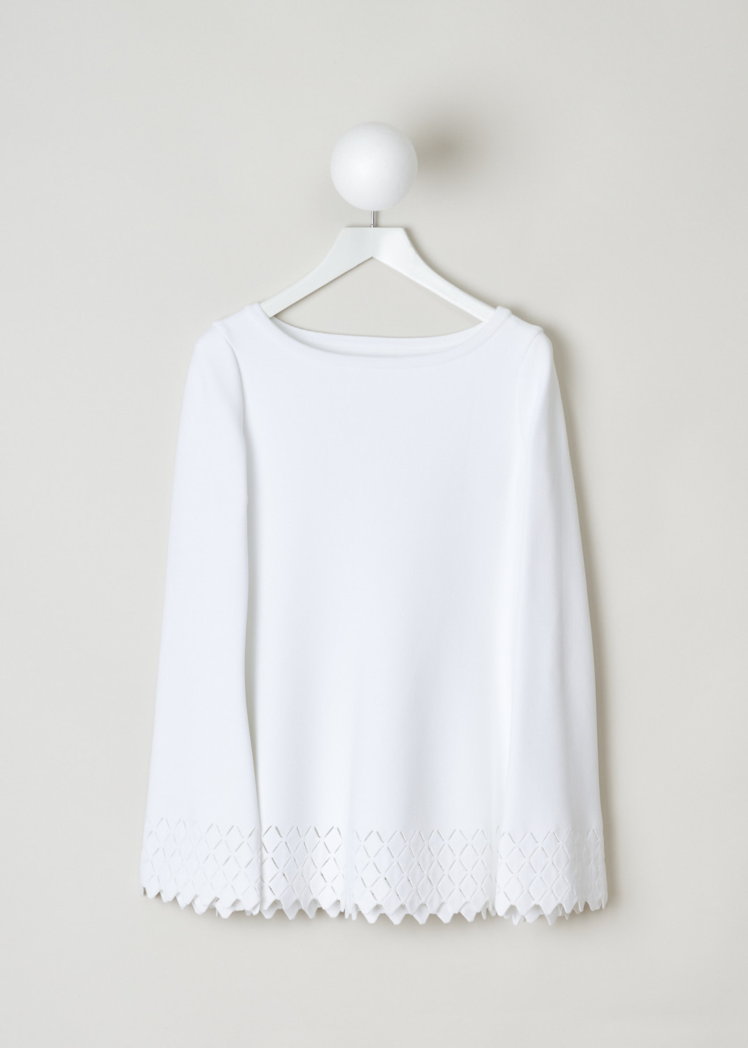 Alaïa, White A-line top with diamond detailing, 8S9UE80LM381_C000, White, Front, White A-line top with a boat neckline. The heavy duty fabric feels sturdy but also stretchy. The cuffs of the long sleeves are adorned with a diamond see-through laser cut hemline. That same hemline can be found across the bottom of the top.