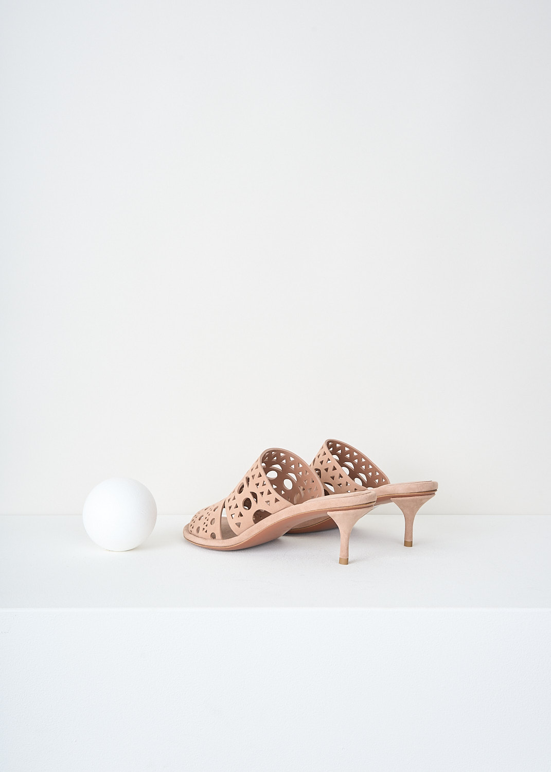 Alaïa, Nude suede pumps, AA3M076CK222_117_CHAIR, Pink, Beige, Back, These nude suede pumps have a round open toe and a broad Vienne laser-cut strap.
