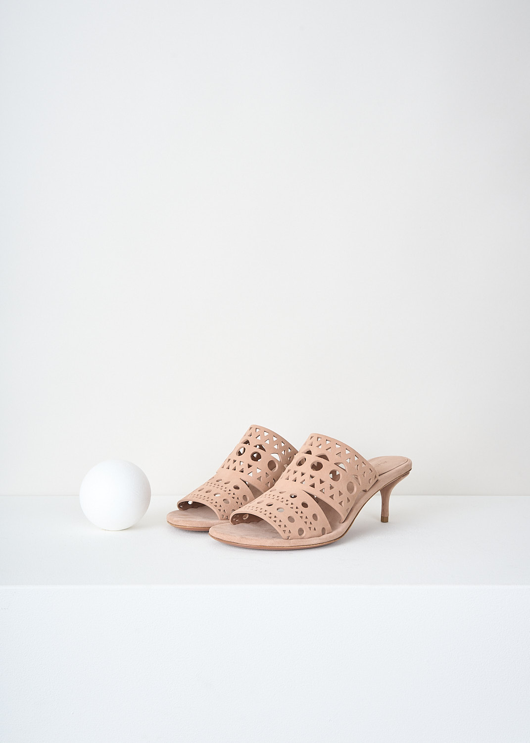 Alaïa, Nude suede pumps, AA3M076CK222_117_CHAIR, Pink, Beige, Front, These nude suede pumps have a round open toe and a broad Vienne laser-cut strap.
