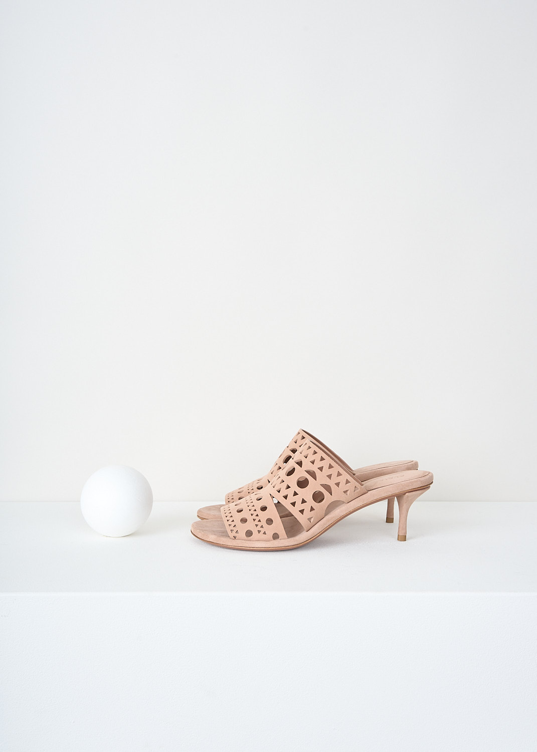 Alaïa, Nude suede pumps, AA3M076CK222_117_CHAIR, Pink, Beige, Side, These nude suede pumps have a round open toe and a broad Vienne laser-cut strap.
