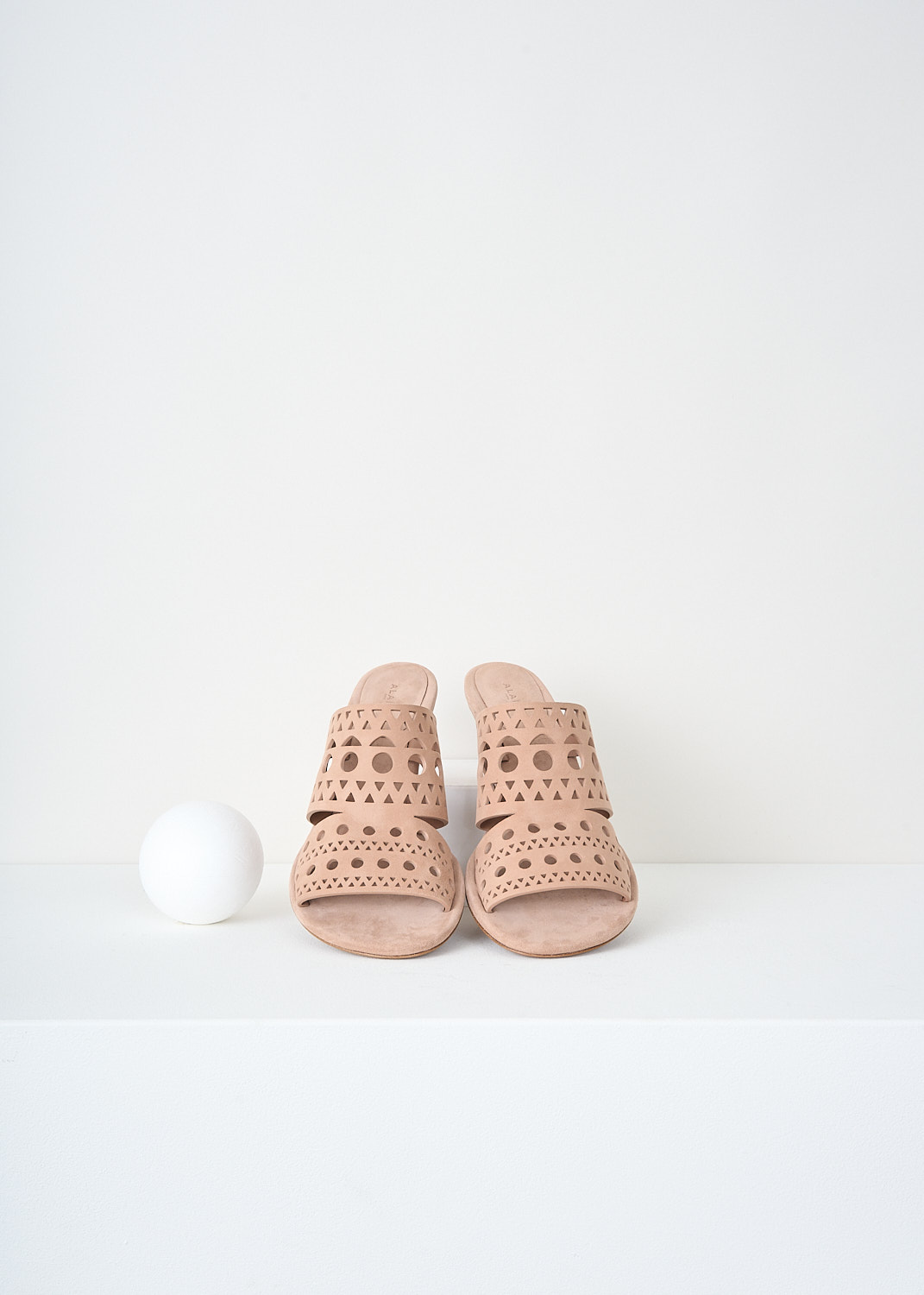 Alaïa, Nude suede pumps, AA3M076CK222_117_CHAIR, Pink, Beige, Top, These nude suede pumps have a round open toe and a broad Vienne laser-cut strap.
