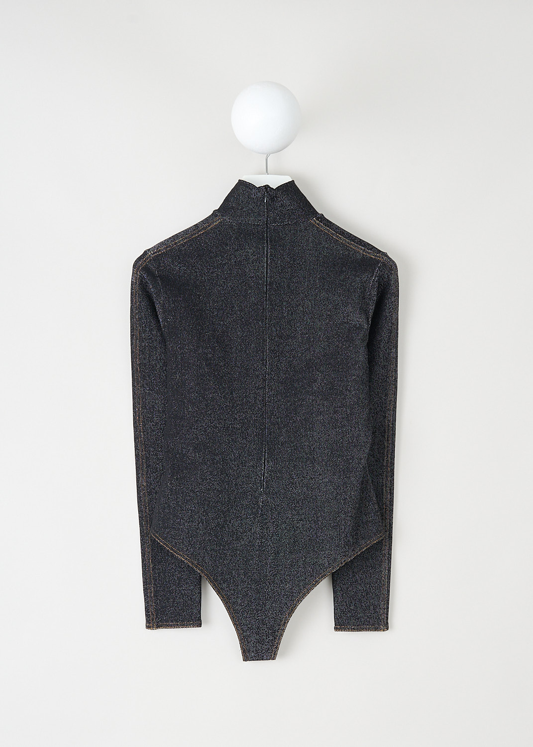 Alaïa Dark grey denim turtleneck bodysuit, AA9B02344M824_991_NOIR_BLANC, Grey, Back, This skin tight dark grey denim bodysuit has a turtleneck and long sleeves with straight endings. The body has a press button closure in the crotch. 
