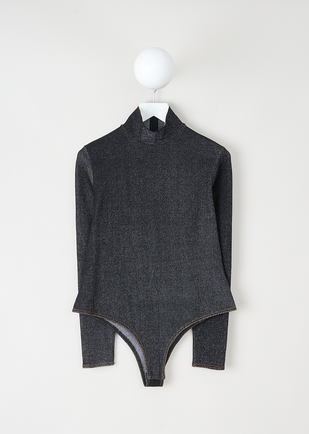 Alaïa Dark grey denim turtleneck bodysuit, AA9B02344M824_991_NOIR_BLANC, Grey, Front, This skin tight dark grey denim bodysuit has a turtleneck and long sleeves with straight endings. The body has a press button closure in the crotch. 
