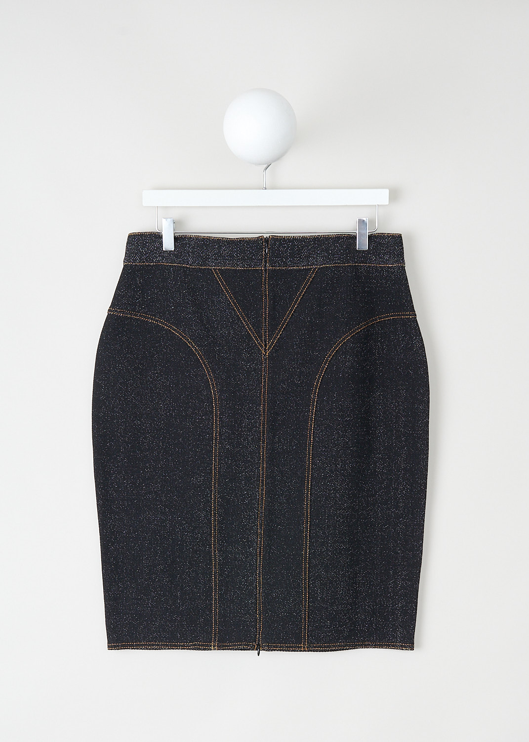 Alaïa, Denim-style pencil skirt, AA9J21654M823_991_NOIR_BLANC, Grey, Back, This dark grey denim tube skirt has a concealed zip closure in the back. Orange stitching is used throughout. 
