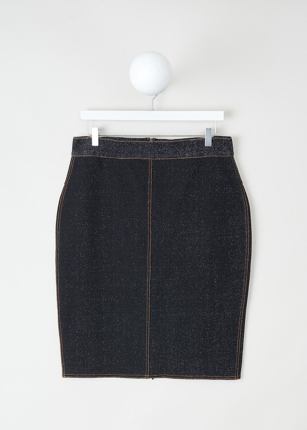 Alaïa, Denim-style pencil skirt, AA9J21654M823_991_NOIR_BLANC, Grey, Front, This dark grey denim tube skirt has a concealed zip closure in the back. Orange stitching is used throughout. 
