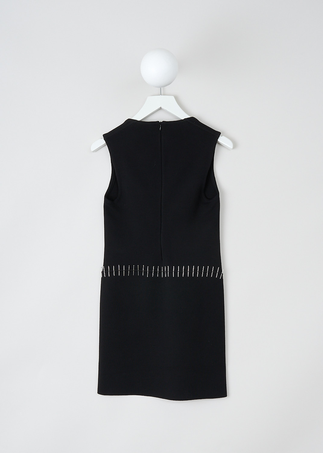 Alaïa, Black embroidered stretch wool dress, AA9R23754M816_995_NOIR_ALA,  Black, Back, This black sleeveless stretch wool mini dress has a round neckline. The dress has small silver-tone brass bars that go from the front hem around the waist to the back. In the back, a concealed centre zip functions as the closure.

