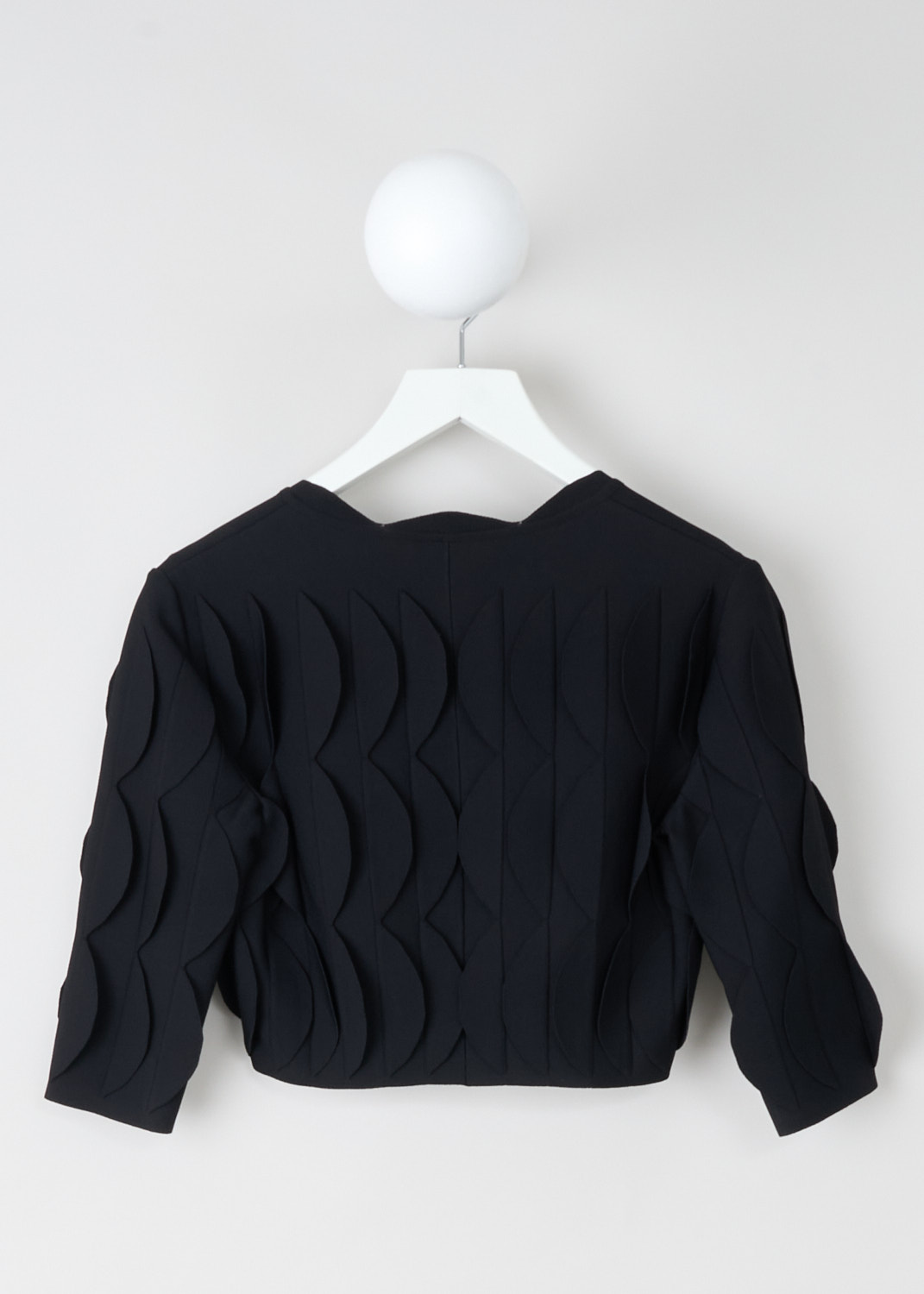 Alaïa, Black scalloped bolero, AA9S0085CM609_999_NOIR, Black, Back, This open-front black scalloped bolero has three-quarter sleeves and a cropped length. 

