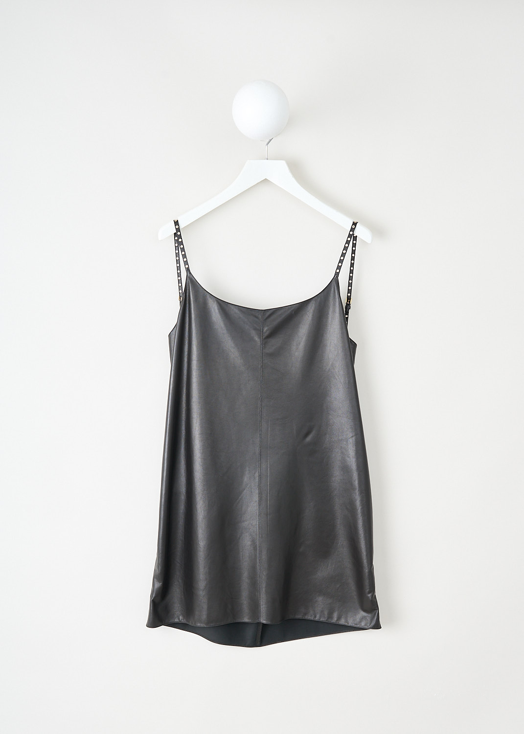 Alaïa, Black leather nuisette mini dress, AA9R13516C229_995_NOIR_ALAIA, Black, Front, This black leather Nuisette mini dress has adjustable eyelet straps. The dress has a square neckline and a deep draped back. The dress is lined. 
