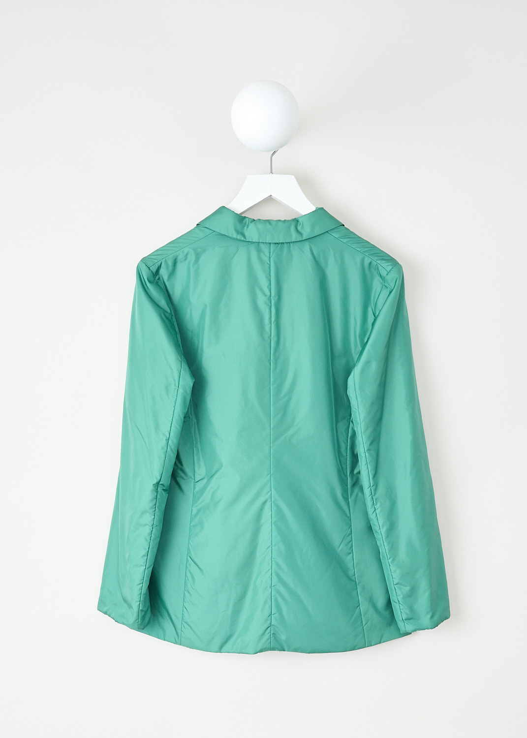 Aspesi, Green padded jacket, N538_7961_96008, Green, Back, This green padded jacket has a notched lapel and a single-button closure. The long sleeves have straight endings. On the front, the jacket has two patch pockets.
