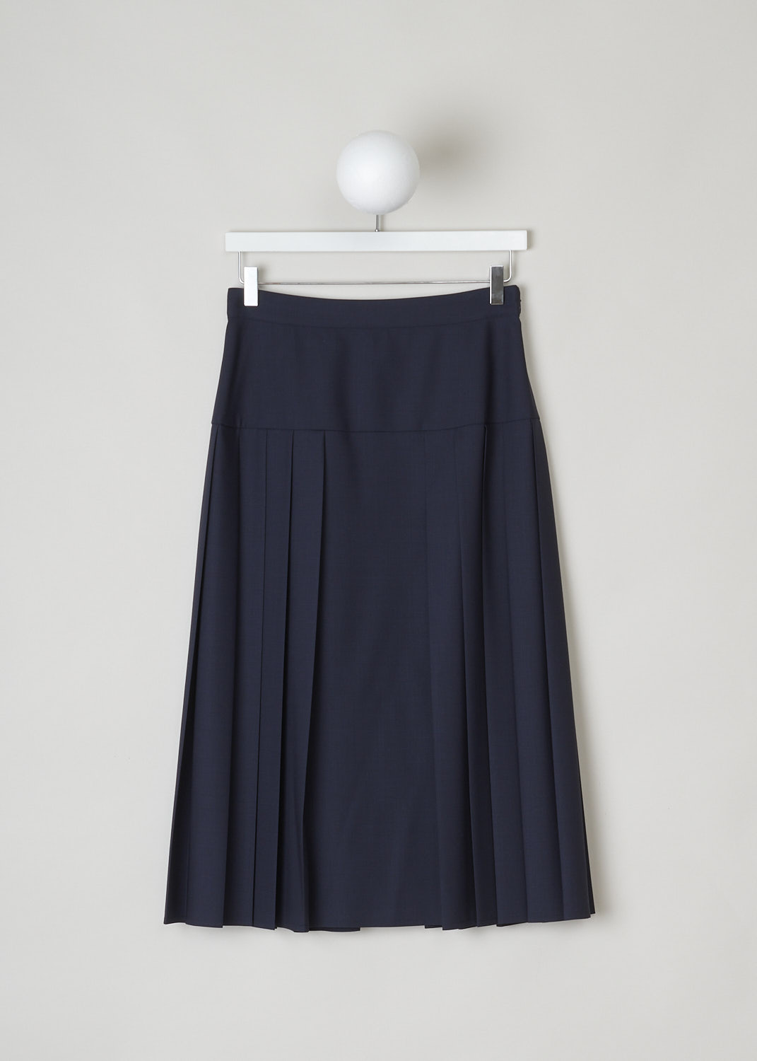 ASPESI, NAVY BLUE PLEATED MIDI SKIRT, 2207_G286_01098, Blue, Front, This navy blue wool-blend midi skirt has a broad waistband and pleats along the sides. The skirt has a straight hemline. A concealed zipper in the side seam functions as the closure option. 
