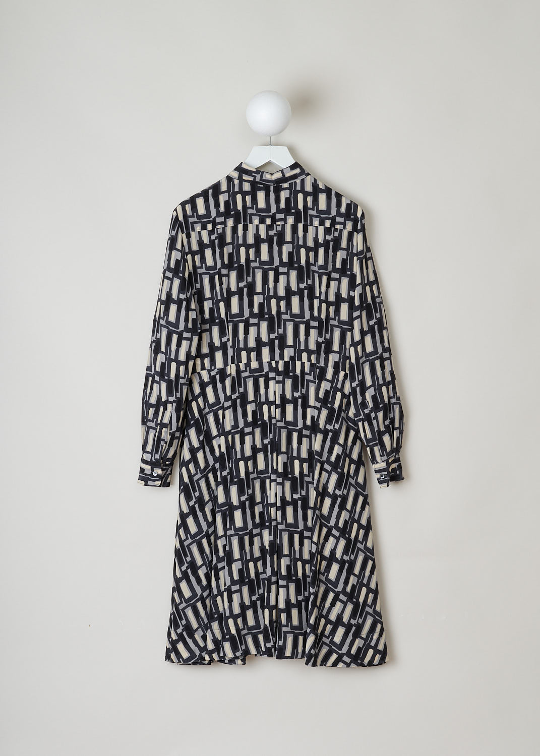 ASPESI, SILK PRINTED MIDI DRESS, 2938_V126_66173, Print, Back, This long sleeve dress has a geometric print in black, grey and off-white hues. The dress features a pointed collar, a row of button up to the waistband, concealed slanted pockets and a pleated skirt that reaches to below the knee. 

