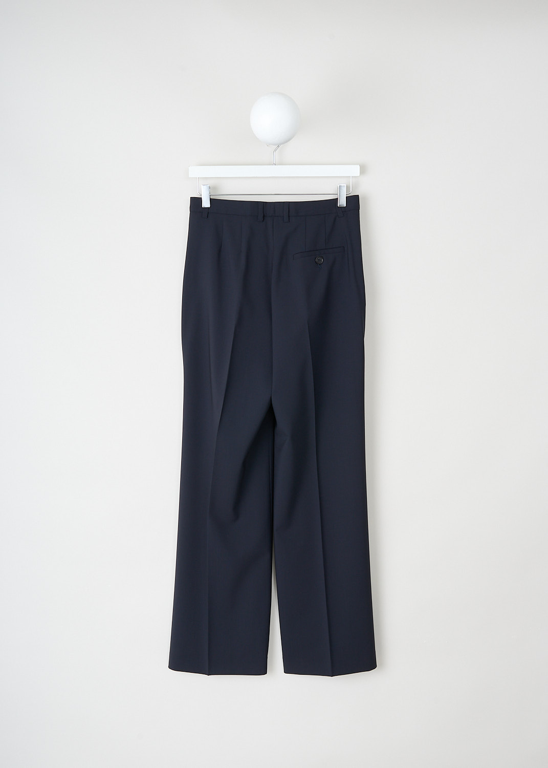 Aspesi, Front-pleated dark blue pants, 0115_V096_01098, Blue, Back, These front-pleated blue pants have a concealed belt loops and a clasp-and-zip closure. These pants have slanted pockets in the front and a single welt pocket in the back. The slightly flared pant legs have pressed creases. 

