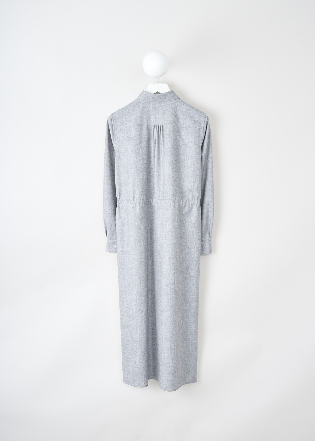 Aspesi, Light grey shirt dress, 2989_L629_01182, Grey, Black, This light grey shirt dress has a classic collar and a front button closure with pleats along the placket. The long sleeves have buttoned cuffs. Around the waist, the dress has a draw string to cinch in the waist. Slanted pockets are concealed in the side seam.
