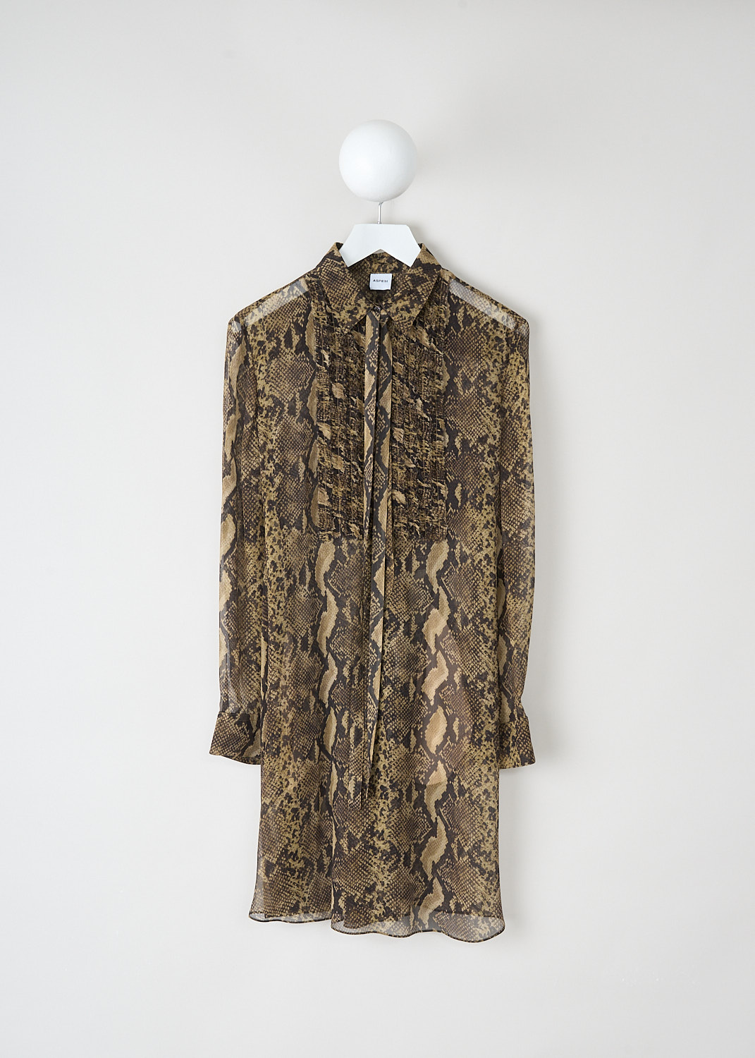 Snake-print silk shirt dress by Aspesi with classic collar, partial button closure, ribbon tie and relaxed wide silhouette, front view, Kiki’s Stocksale Maastricht designer boutique