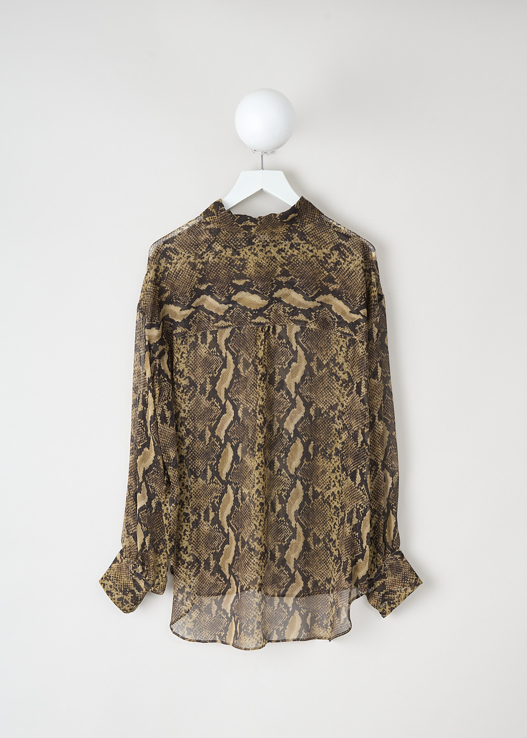 Aspesi, Snake-print blouse, 5483_G406_60331, Print, Brown, Back, This snake-print blouse has a classic collar, a front button closure, long sleeves with buttoned cuffs and a high-low hemline. The blouse is made in a slightly see-through fabric.
