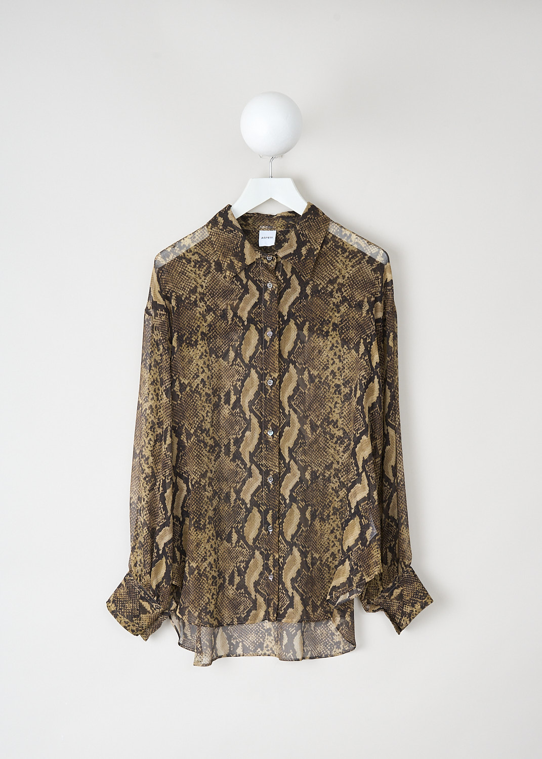 Aspesi, Snake-print blouse, 5483_G406_60331, Print, Brown, Front, This snake-print blouse has a classic collar, a front button closure, long sleeves with buttoned cuffs and a high-low hemline. The blouse is made in a slightly see-through fabric.
