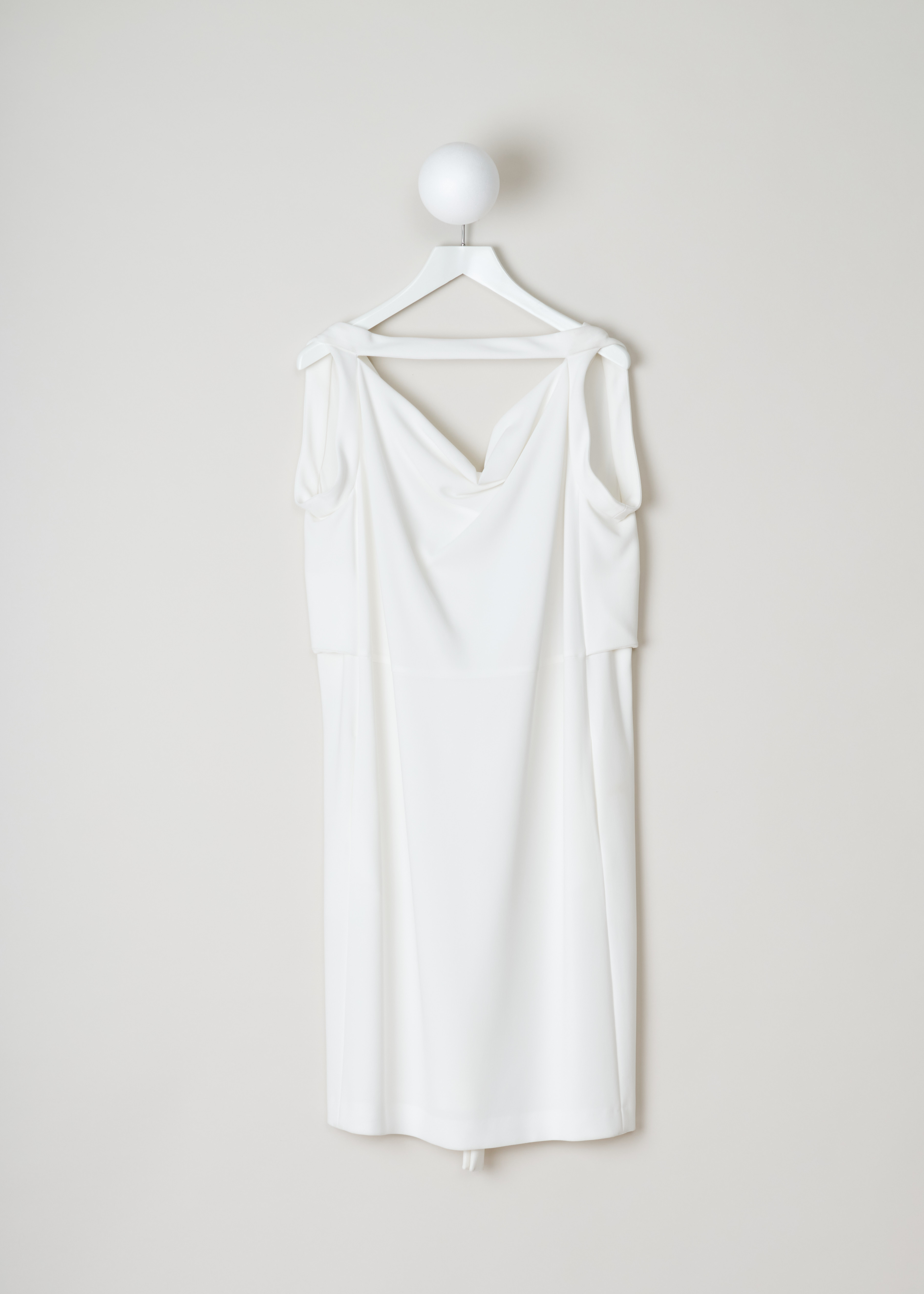 Balenciaga, Shift dress with an cowl neckline, 293704_TBDI6_9800_white, white, front Shift dress with a draped neckline plus ribbon on the front and an open back. Furthermore a decorative ribbon can be found on the back, which either can be tied on the back, or wrapped around to the front and tied there. Concealed pockets can be found on the front. 