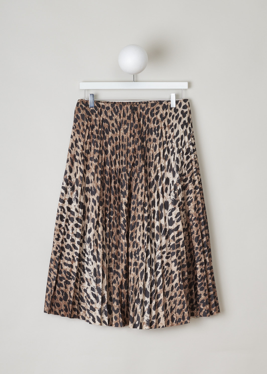 Balenciaga, Accordion pleated leopard print skirt, 601196_TGL35_9501, brown, beige, black, back, Mid-length accordion skirt, printed to a multi-coloured leopard motif. Comes with a broad internal elastic waistband, and has a concealed zipper on the back. 