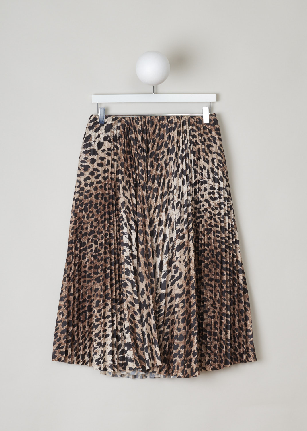 Balenciaga, Accordion pleated leopard print skirt, 601196_TGL35_9501, brown, beige, black, front Mid-length accordion skirt, printed to a multi-coloured leopard motif. Comes with a broad internal elastic waistband, and has a concealed zipper on the back. 