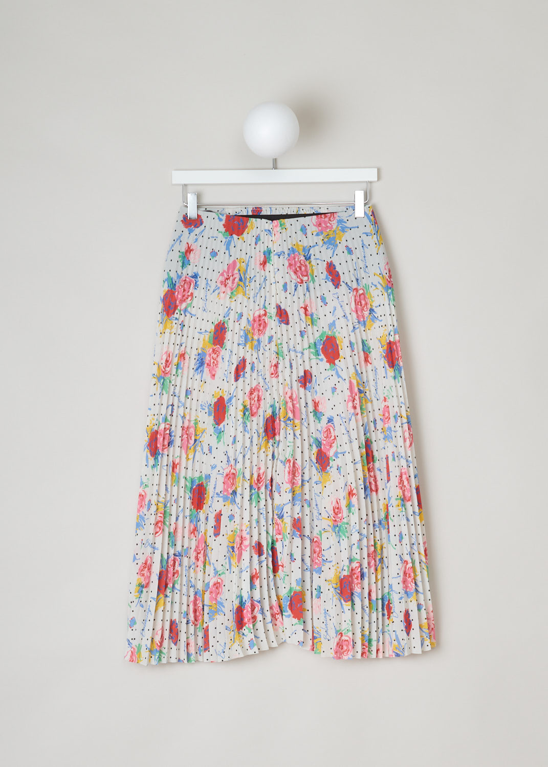 Balenciaga, Polka dot floral plissé skirt, 601169_THL07_9701, white red yellow green blue, back. This high-waisted multi-colored plissé skirt comes with a floral design pattern and polka dots through-out. The closure options on this piece are 2 metal hooks and beneath that a concealed zipper.