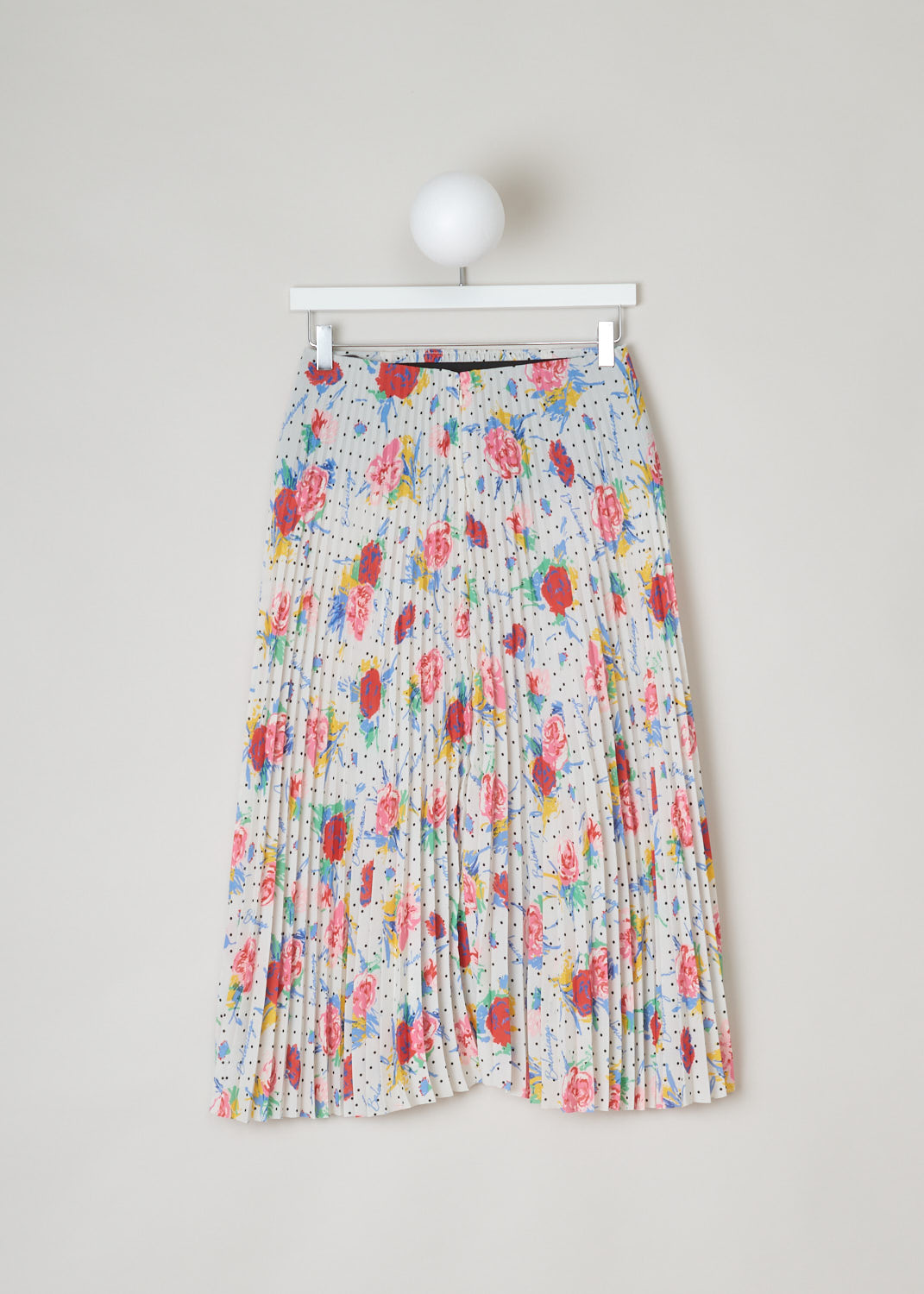 Balenciaga, Polka dot floral plissé skirt, 601169_THL07_9701, Print, Pink, Blue, Back, This high-waisted plissé skirt has a multicolor floral and polka dot design through-out. The closure options on this piece are two metal hooks and a concealed zipper.  
