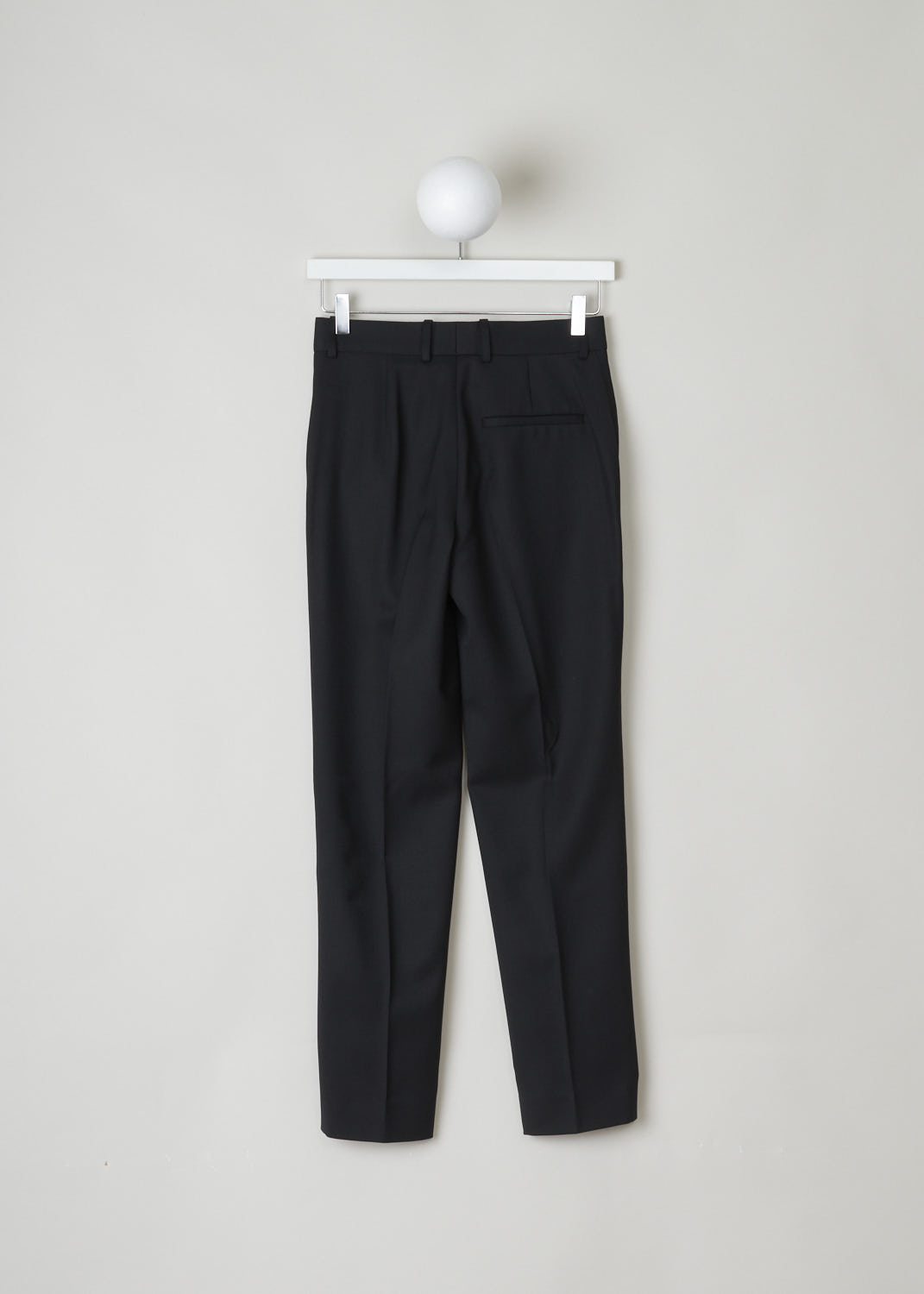 BALENCIAGA, CLASSIC BLACK PANTS, 556169_TDT06_1000, Black, Back, Classic straight legged pants with a center crease. The pants comes with a button and zipper closure. The wide waistband has belt loops. The pants has side pockets on either side, as well as a single welt pocket in the back. 
