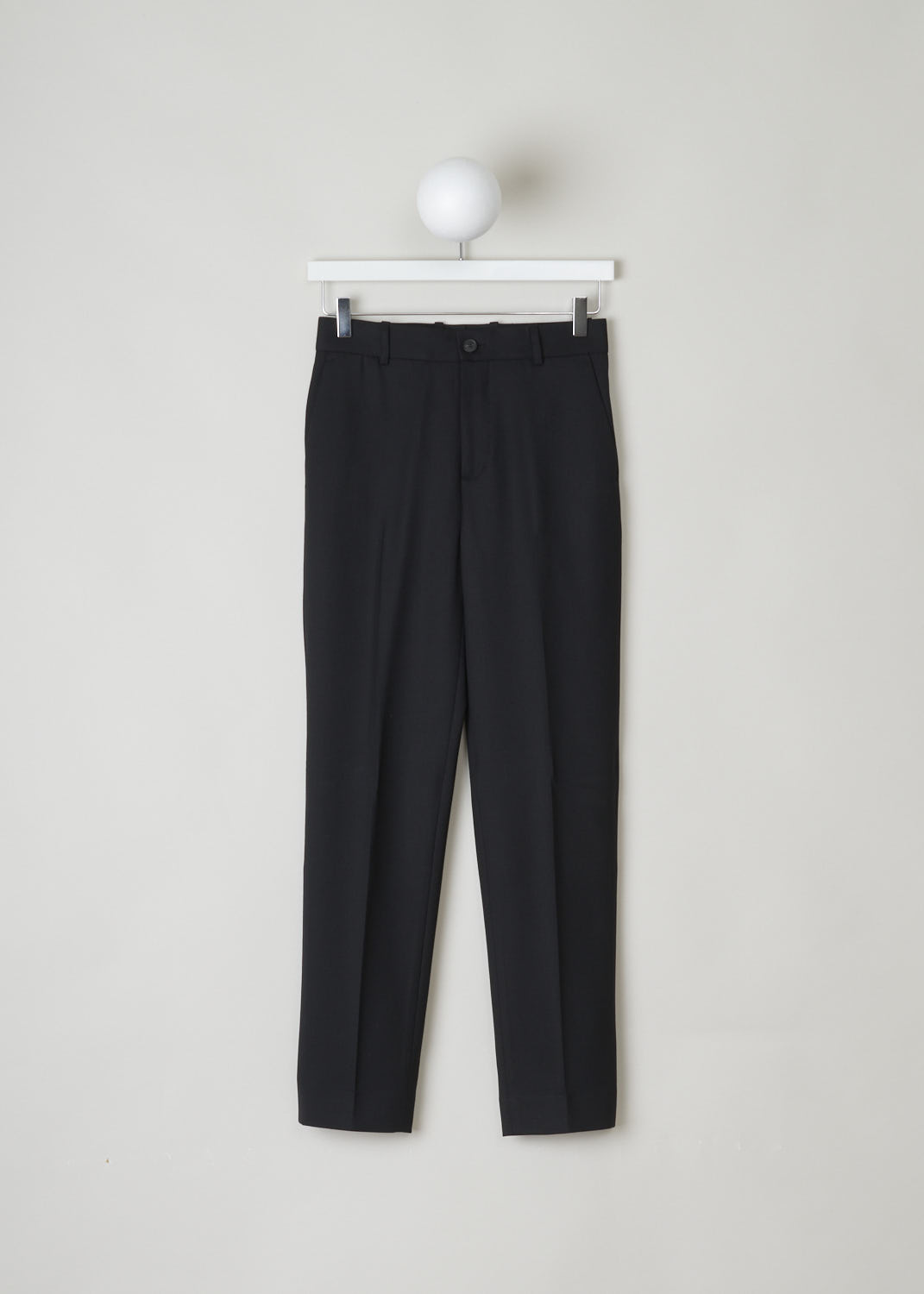 BALENCIAGA, CLASSIC BLACK PANTS, 556169_TDT06_1000, Black, Front, Classic straight legged pants with a center crease. The pants comes with a button and zipper closure. The wide waistband has belt loops. The pants has side pockets on either side, as well as a single welt pocket in the back. 
