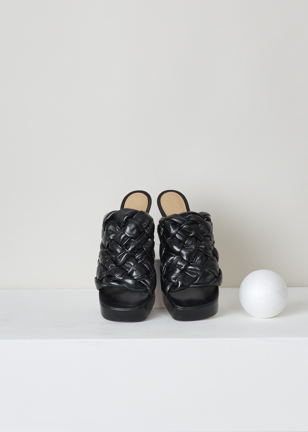 Bottega Veneta, Intrecciato woven black platform mules, 630175_VBT10_1000, Black, Top, These Intrecciato woven black platform mules have a square open toe. These mules have a high spool heel. 

