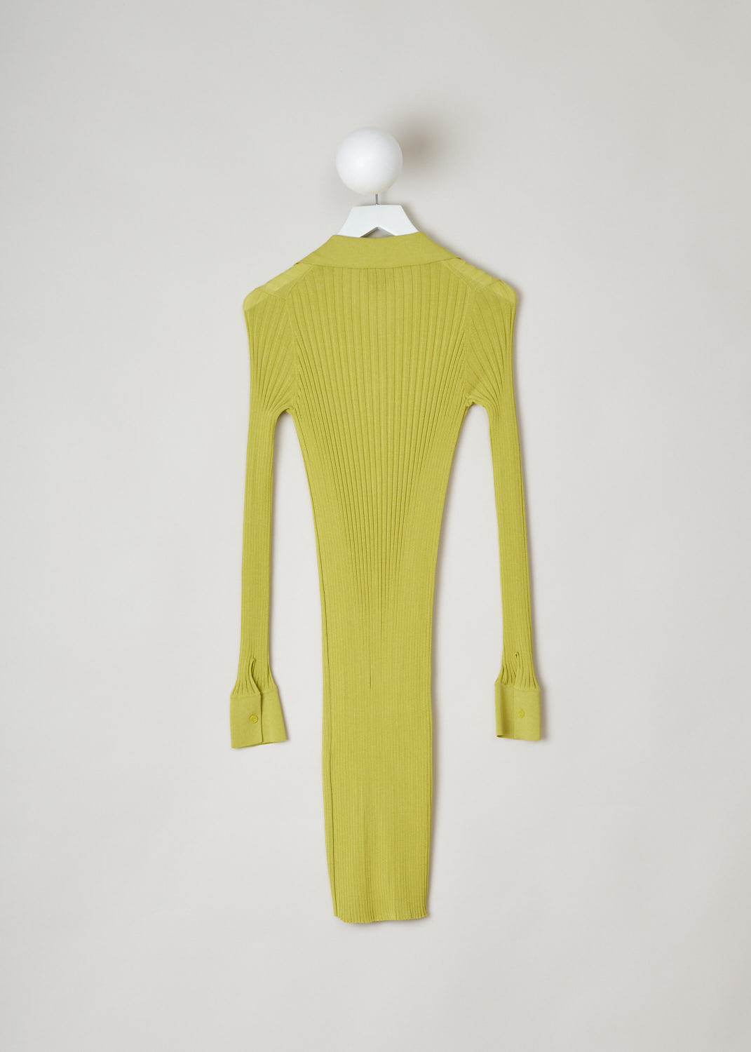 Bottega Veneta, Yellow ribbed blouse dress, 637824_V06P0_7275, yellow, back, Skin tight blouse dress featuring a ribbed weaving pattern, pointed collar and long cuffed sleeves supporting a single button. The fastening option on this model are the decorative press buttons on the front. 