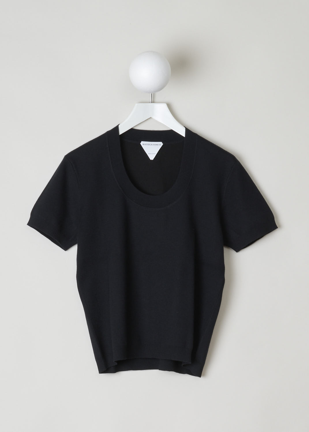 BOTTEGA VENETA, BLACK CASHMERE TOP, 647549_V0A50_1000, Black, Front, Black, short sleeved top. This cashmere top has a rounded collar with a ribbed finish. That same finish can be found along the cuffs and the hem. In the back of the neck, the signature Bottega Veneta triangle can be found. 
