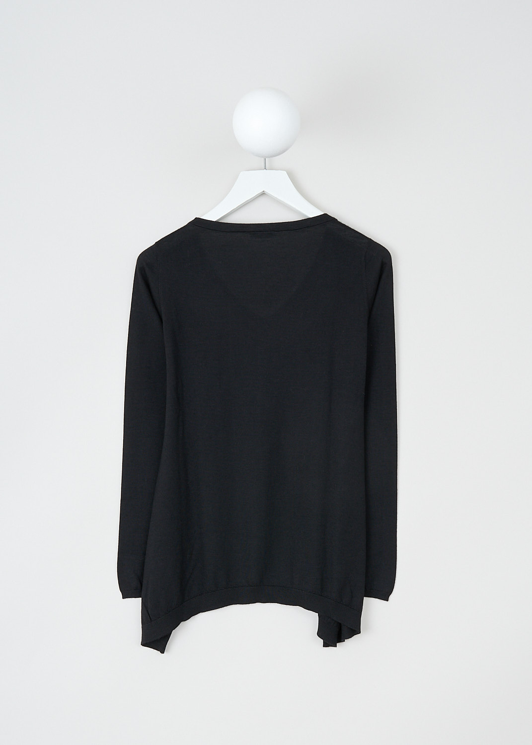 Brunello Cucinelli, Black A-line cashmere top, M13807922_C101, Black, Back, This black cashmere top has a ribbed V-neckline and long sleeve with ribbed cuffs. The top has a wide A-line silhouette with a ribbed handkerchief hemline.  
