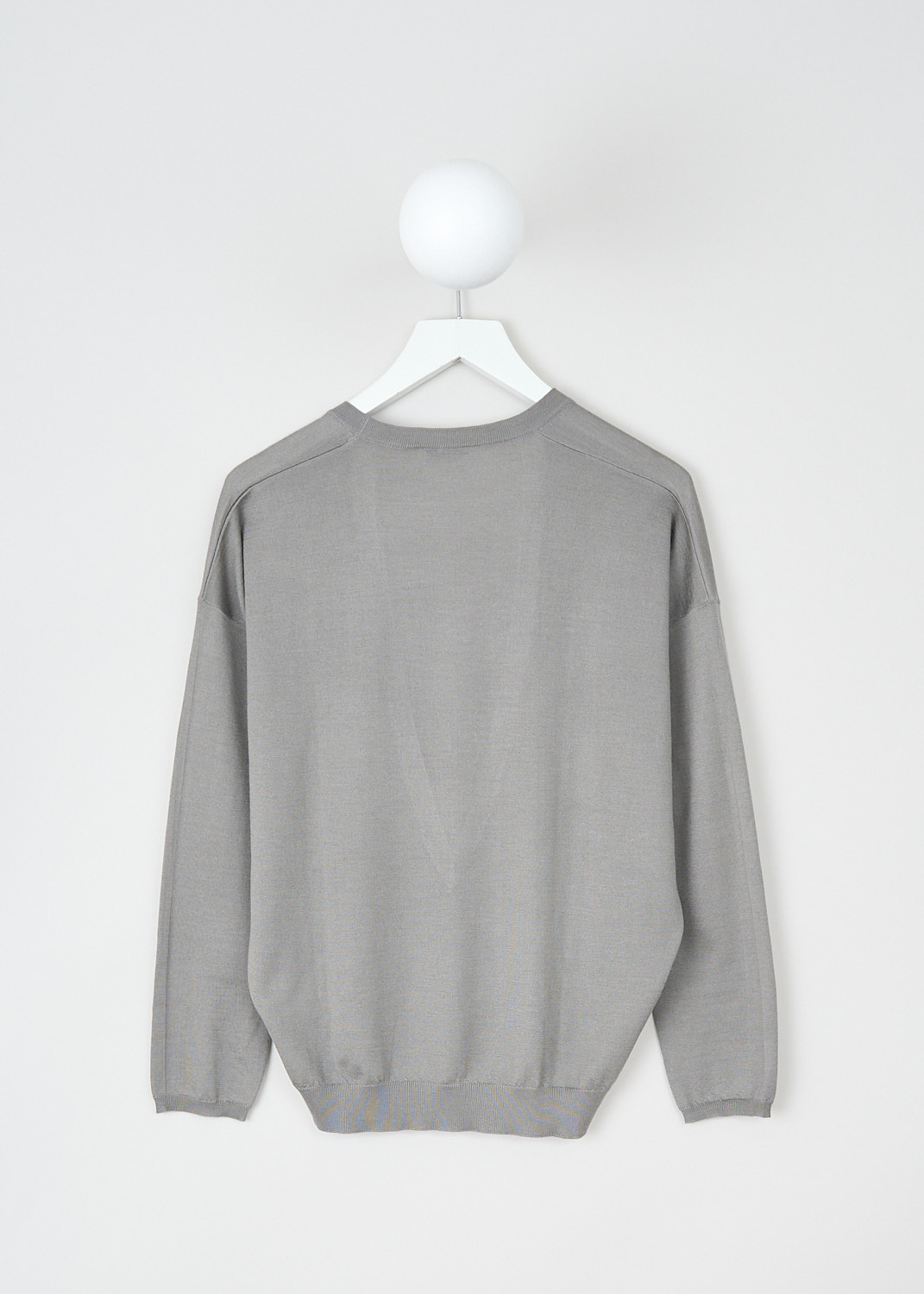 Brunello Cucinelli, Grey deep V-neck sweater, M13830202_C2795, Grey, Back, This grey deep V-neck sweater has long sleeves and ribbed trims throughout.

 
