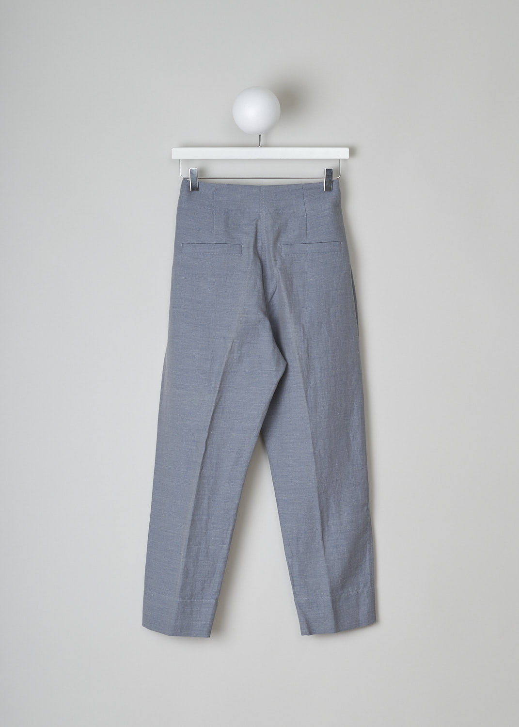BRUNELLO CUCINELLI, HIGH-WAISTED BLUE HERRINGBONE PANTS, MF553P6596_C7148, Blue, Back, These high-waisted blue herringbone pants have a broad waistband with a fabric belt attached to it. The belt has a D-ring buckle. These pants have a concealed clasp and zip closure. In the front, these pants have slanted pockets. The tapered pants legs have a broad hem. In the back, these pants have welt pockets.

