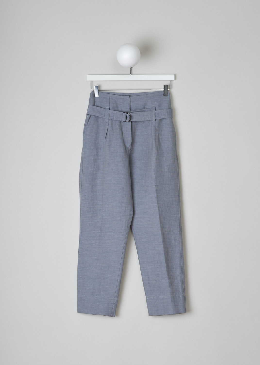 BRUNELLO CUCINELLI, HIGH-WAISTED BLUE HERRINGBONE PANTS, MF553P6596_C7148, Blue, Front, These high-waisted blue herringbone pants have a broad waistband with a fabric belt attached to it. The belt has a D-ring buckle. These pants have a concealed clasp and zip closure. In the front, these pants have slanted pockets. The tapered pants legs have a broad hem. In the back, these pants have welt pockets.

