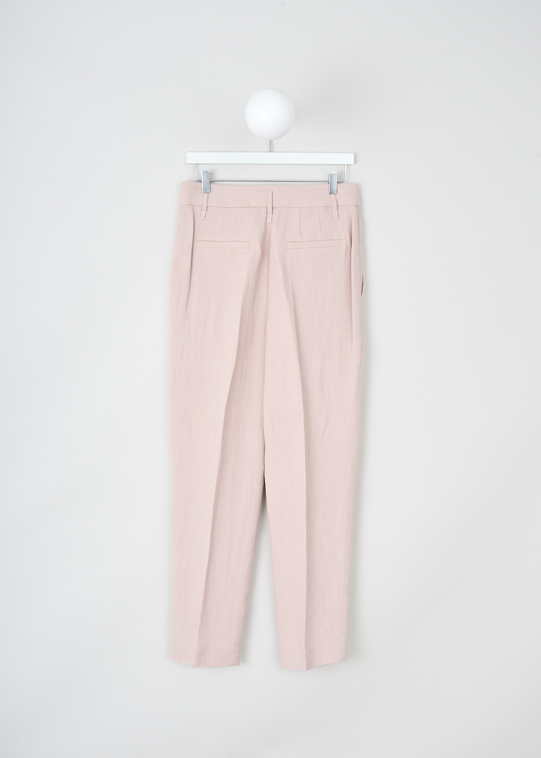 Brunello Cucinelli, Blush pink pants, 
MH126P7589_C7559, Pink, Back, These blush pink pants have a broader waistband with belt loops. A concealed clasp and zipper function as the closure option. The tapered pants legs have centre pleats. The pants have slanted pockets in the front and welt pockets in the back. 