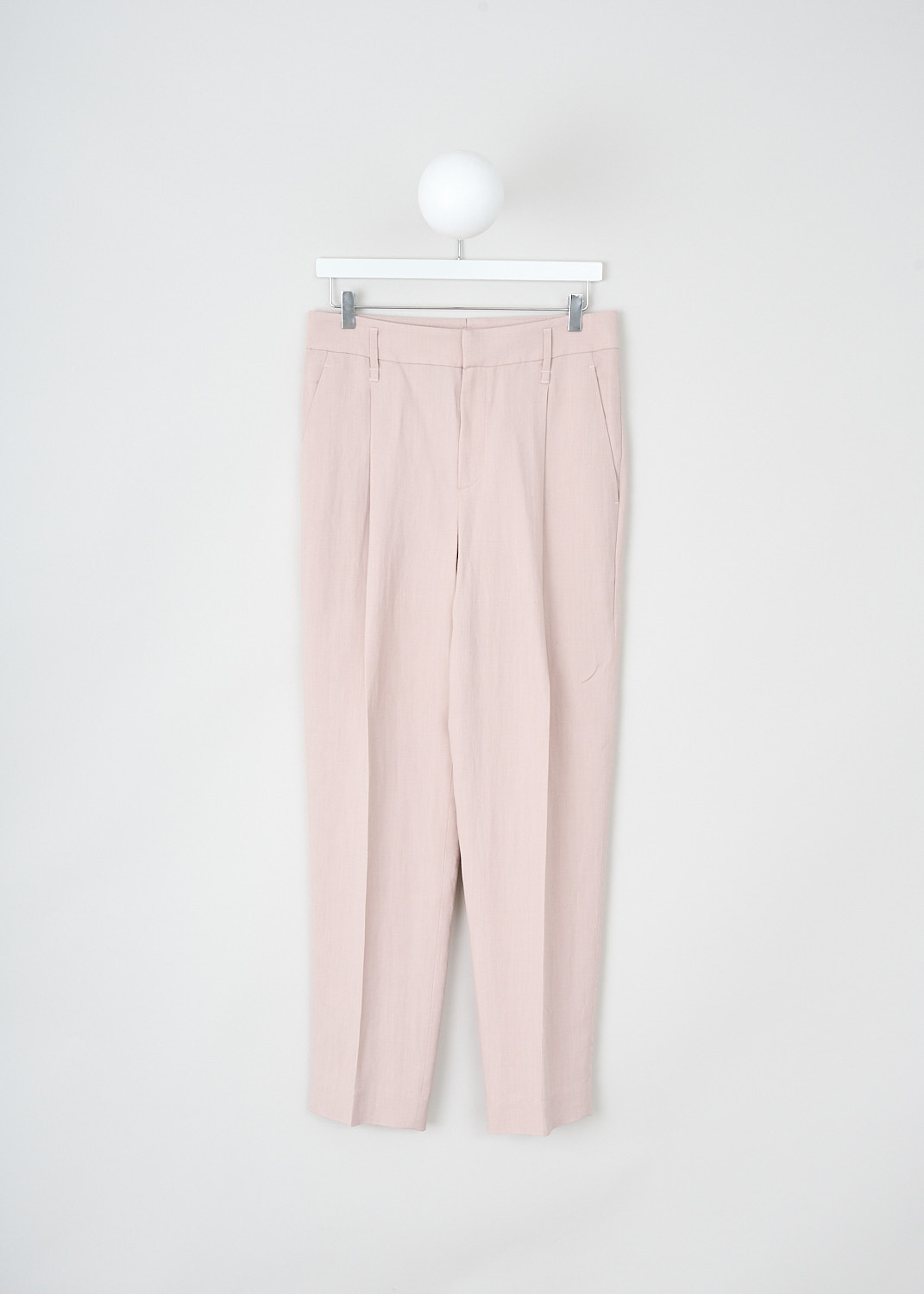 Brunello Cucinelli, Blush pink pants, 
MH126P7589_C7559, Pink, Front, These blush pink pants have a broader waistband with belt loops. A concealed clasp and zipper function as the closure option. The tapered pants legs have centre pleats. The pants have slanted pockets in the front and welt pockets in the back. 