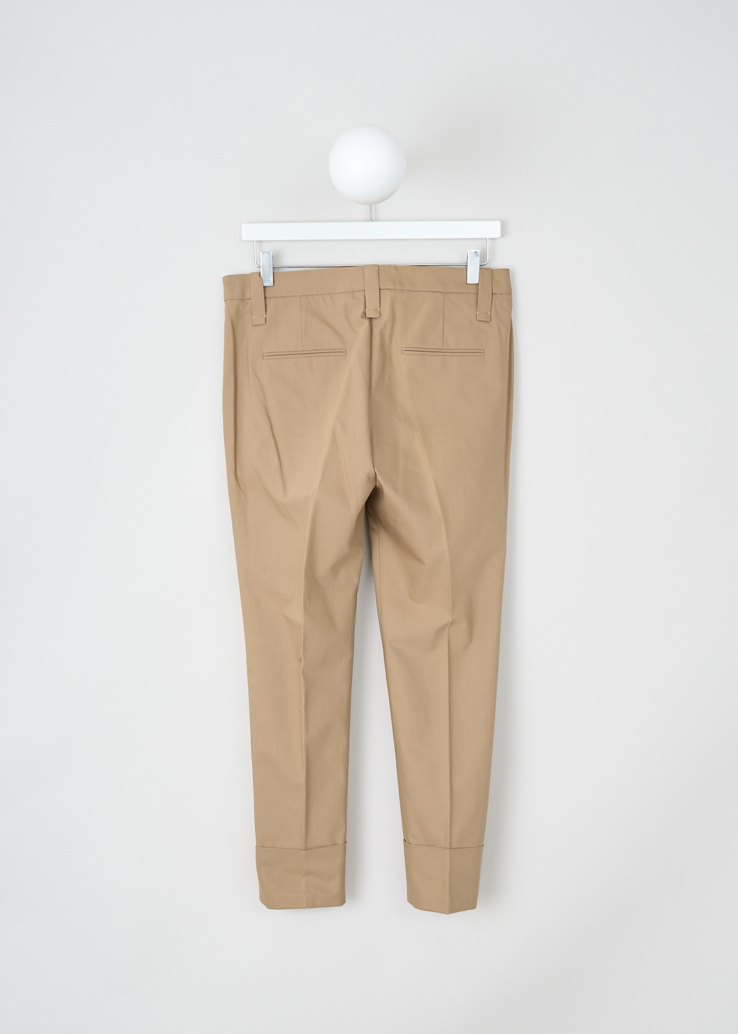 Brunello Cucinelli, Brown tapered pants with broad hem, M0F70P1365_C7178, Brown, Back, These light brown tapered pants have a waistband with belt loops and a concealed front zip closure. These pants have slanted pockets in the front and welt pockets in the back. The tapered pant legs have a broad hem. 

