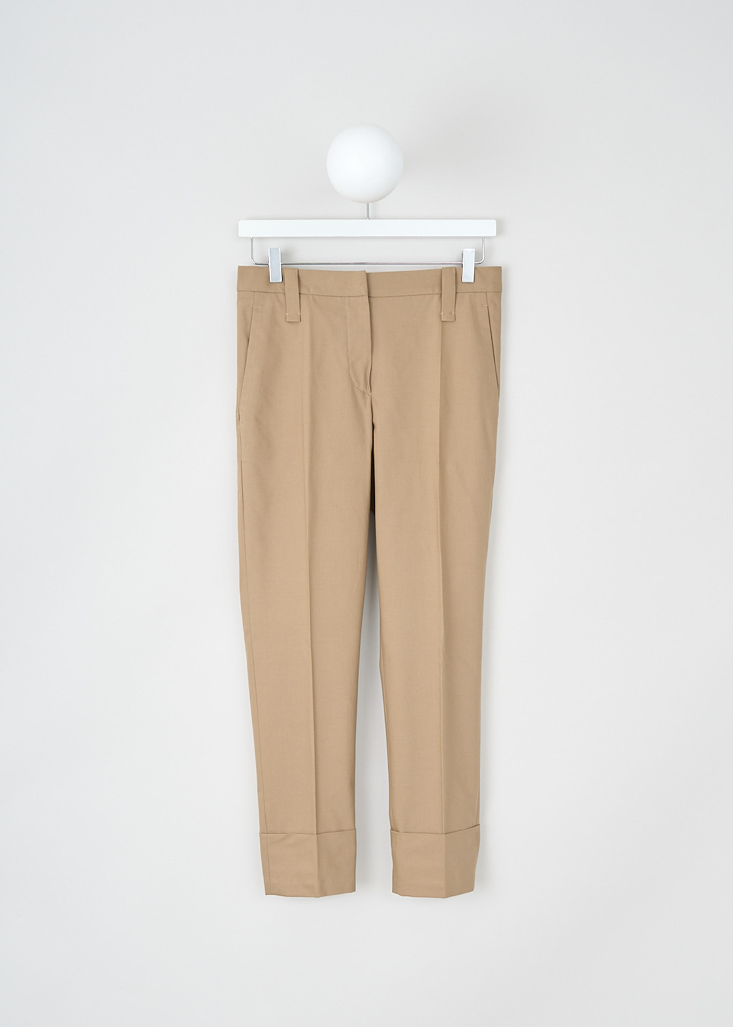 Brunello Cucinelli, Brown tapered pants with broad hem, M0F70P1365_C7178, Brown, Front, These light brown tapered pants have a waistband with belt loops and a concealed front zip closure. These pants have slanted pockets in the front and welt pockets in the back. The tapered pant legs have a broad hem. 
