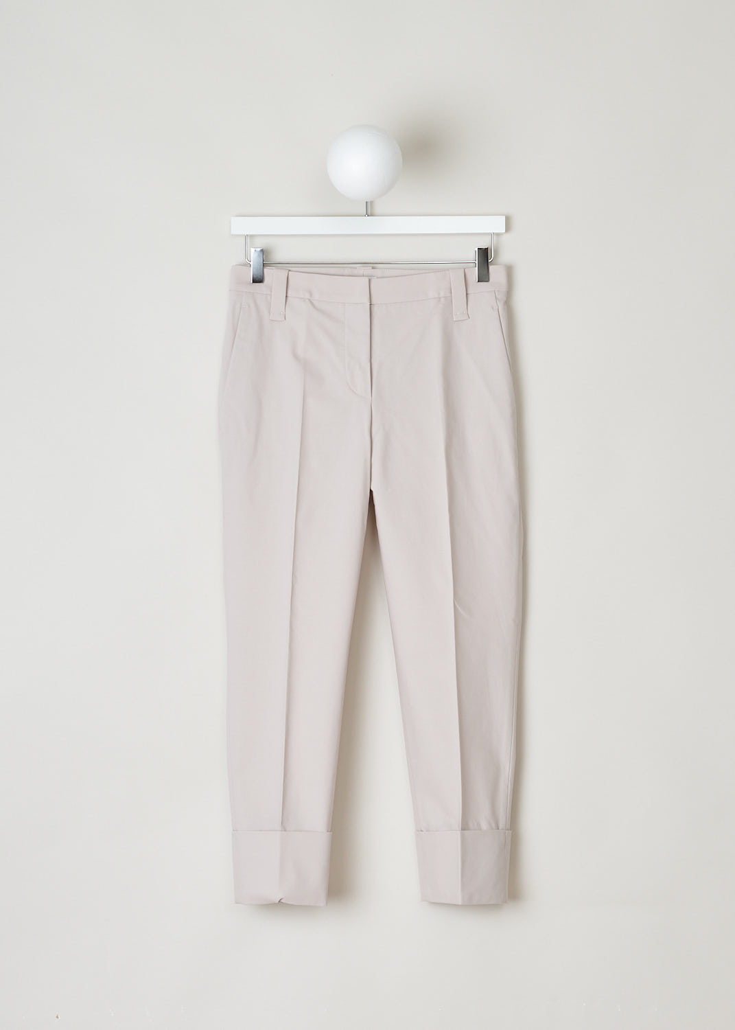 Brunello Cucinelli, Light beige pants with folded hem, M0F70P1367_C2668, Beige, Front, These light beige pants have a waistband with belt loops and a concealed button and zip closure. These pants have forward slanted pockets in the front and welt pockets in the back. The pant legs have a folded hem. 

