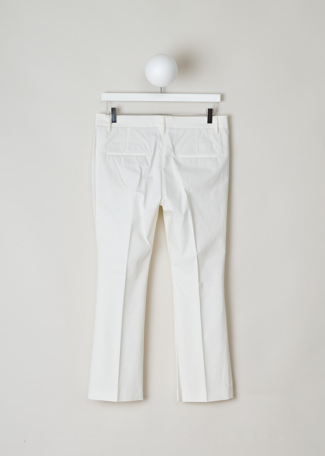 Brunello Cucinelli, Off-white boot-cut chino, M0F70P1951_7025, white, back, Made in the flat front model, with boot-cut legs. Furthermore, this model has two forward slanted pockets on the front and two jetted pockets on the back.
