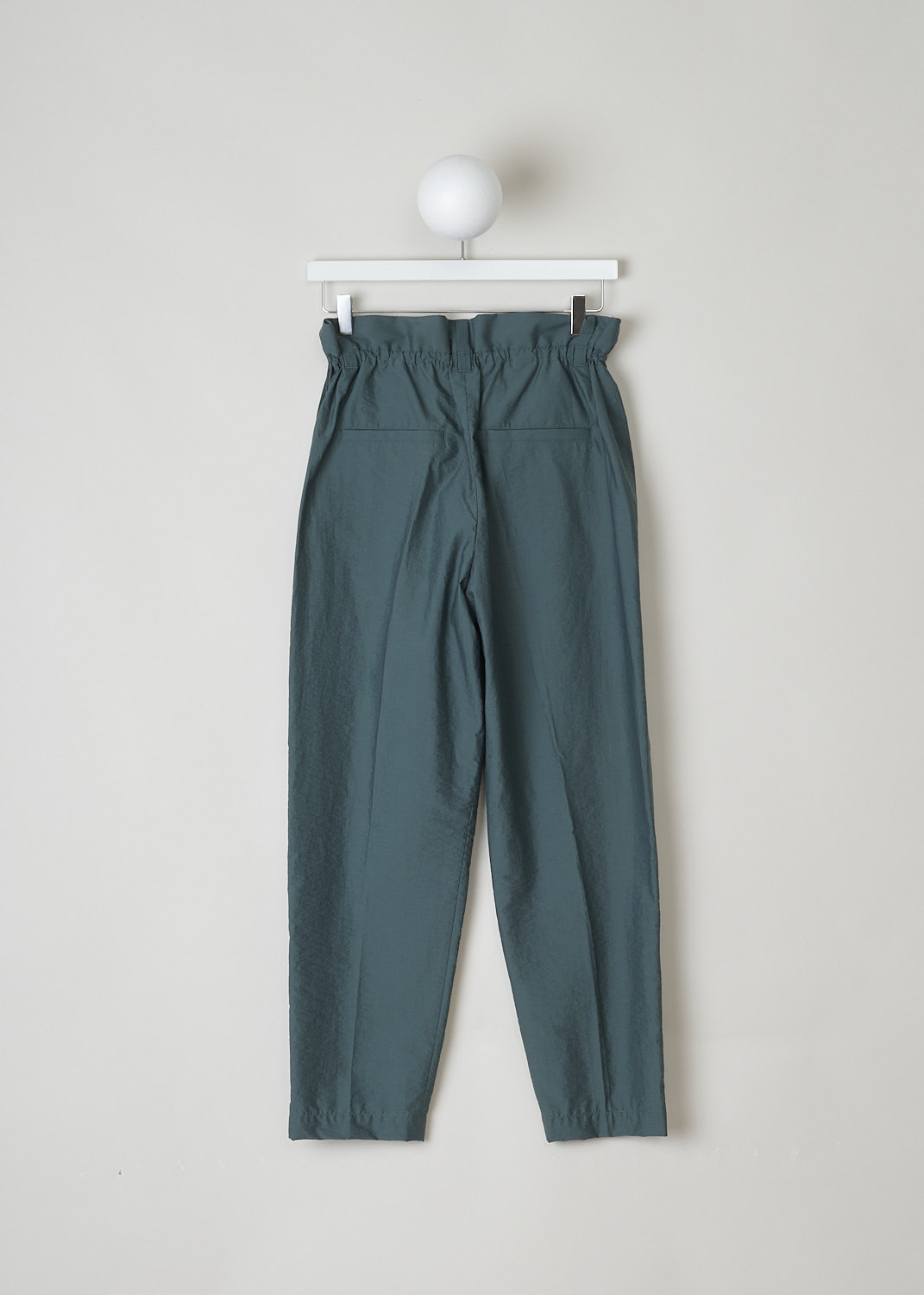 BRUNELLO CUCINELLI, TEAL GREEN PAPER BAG PANTS, M0F79P7102_C7287, Green, Blue, Back, These teal green pants have a paper bag waist with belt loops.  The waistline is partly elasticated. The concealed press studs and zip function as the closure option. These pants have slanted pockets in the front and welt pockets in the back. The tapered pant legs have a centre crease. 
