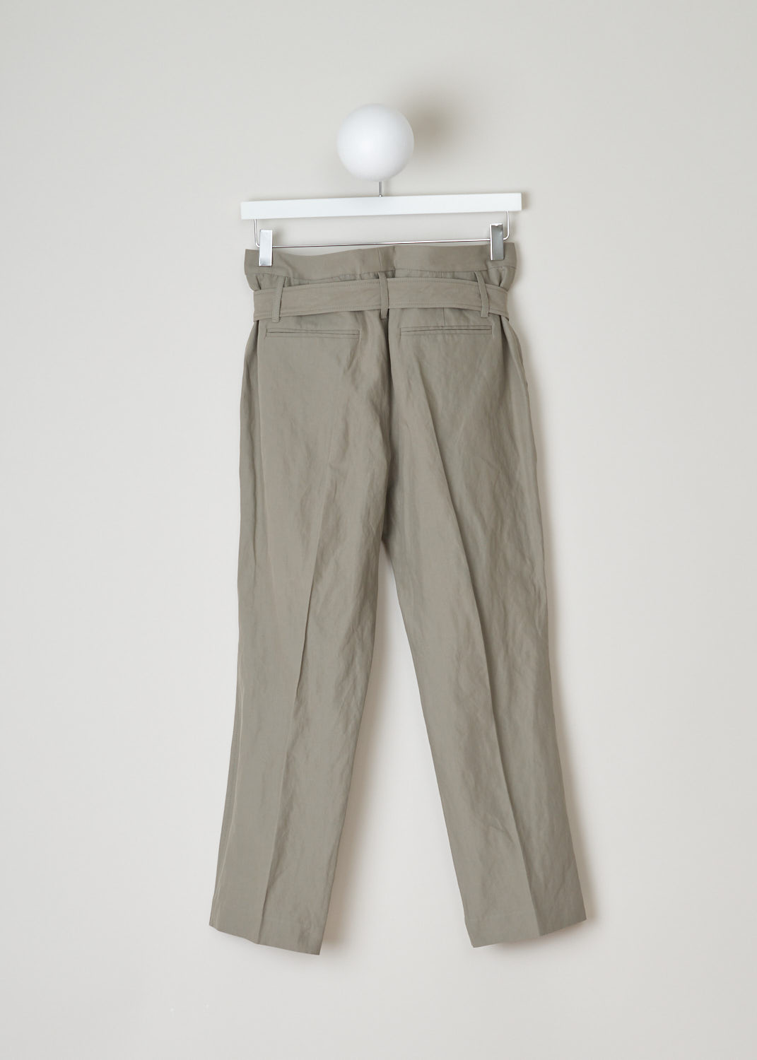 Brunello Cucinelli, khaki paperbag waist pants, M0H59P6542_C3673, green, back, High-waisted paperbag pants with a D-ring belt. The cropped length allows you to show off any shoe you wear. As a closure option, this model has a zipper with metal clip and backing buttons. At the front, these pants have two side pockets and two welt pockets at the back.