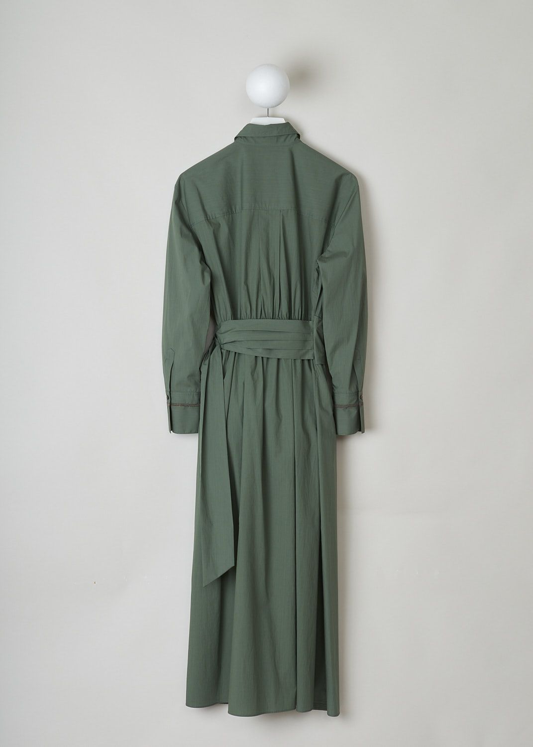 BRUNELLO CUCINELLI, GREEN SHIRT DRESS WITH WRAP DETAIL, M0H93A4873_C8625, Green, Back, This green midi shirt dress has a classic collar and concealed front button closure that goes down to the waistband. The waistband is elasticated at the back. The waist is accentuated by the wrap detail, that goes around like a belt and is fastened to one side with the metal buckle. The long sleeves have buttoned cuffs and are decorated with a monili beaded trim.
